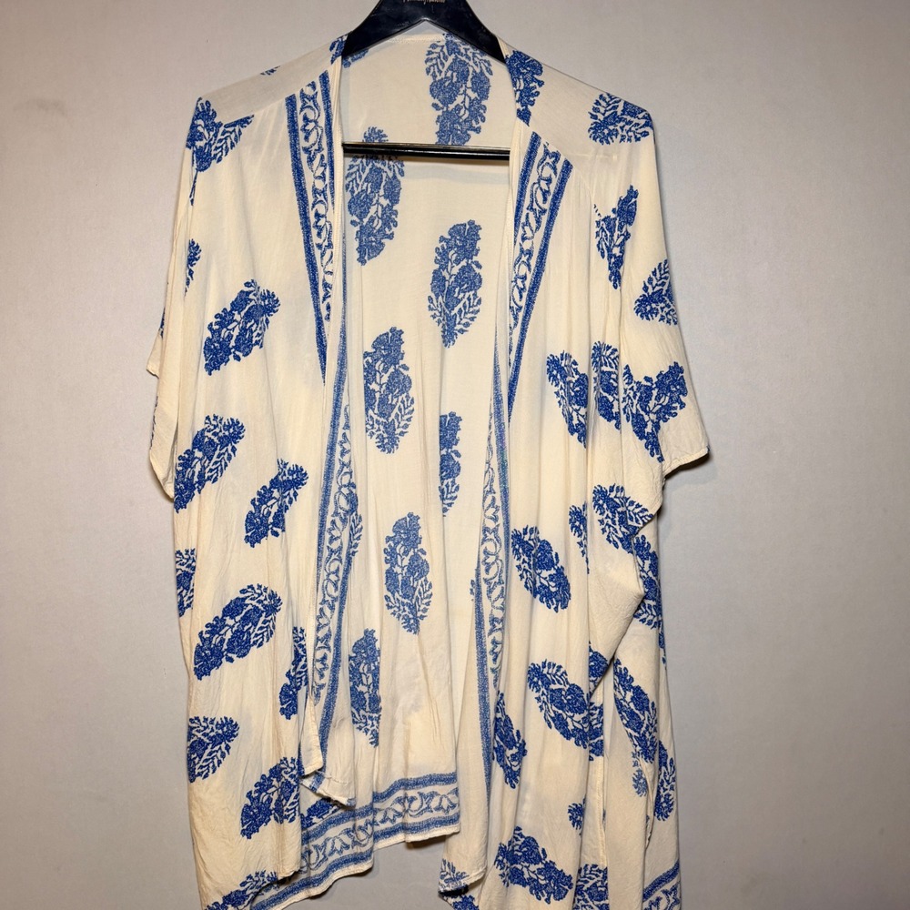 Kimono Cardigan Wrap Womens Cream Blue Floral Paisley Boho Open Front Drape Swim